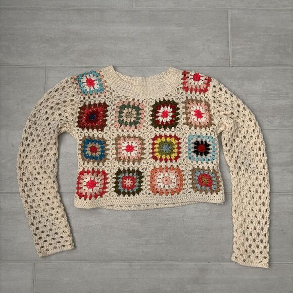 Debut Crochet Sweater Small CottageCore Granny Squares Patchwork Crop Top Unique - Picture 1 of 6